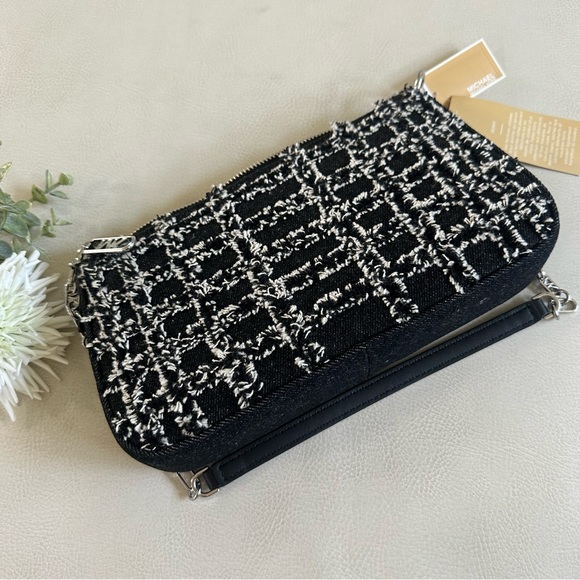 NWT MICHAEL KORS Empire Medium Frayed Denim Chain-Link Pochette Shoulder Bag - Picture 6 of 12